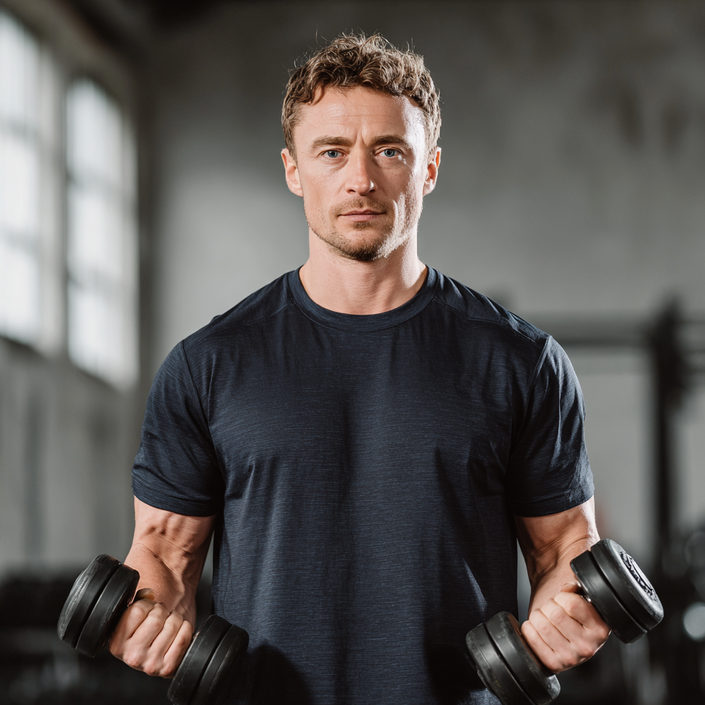 Атлетичний чоловік з гантелями демонструє правильну техніку виконання вправ у професійному спортивному залі