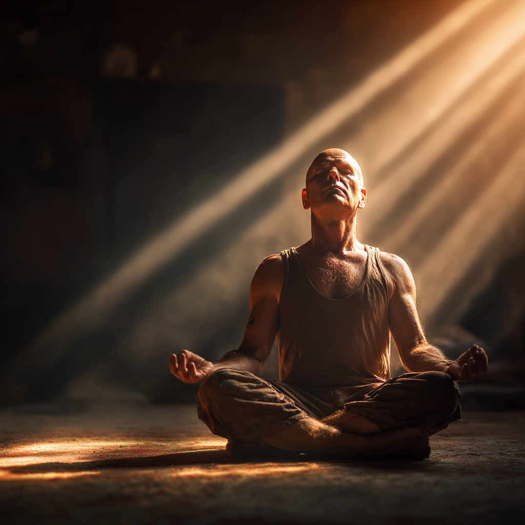 Зосереджений чоловік медитує у спокійному місці, демонструючи ментальну силу та внутрішню рівновагу